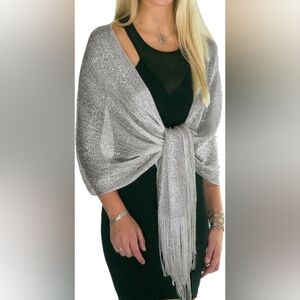 Women's | Sheer Glitter Sparkle Shawl Wrap Fringe Scarfs | Silver Metallic